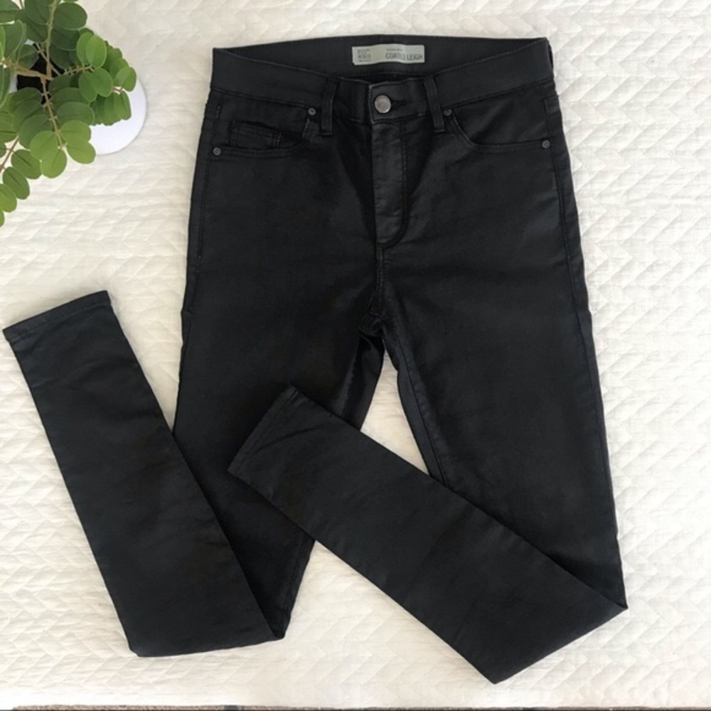 Topshop Moto || Coated Leigh High Rise Ankle-Grazer Black Stretch Jeans … - Picture 3 of 12